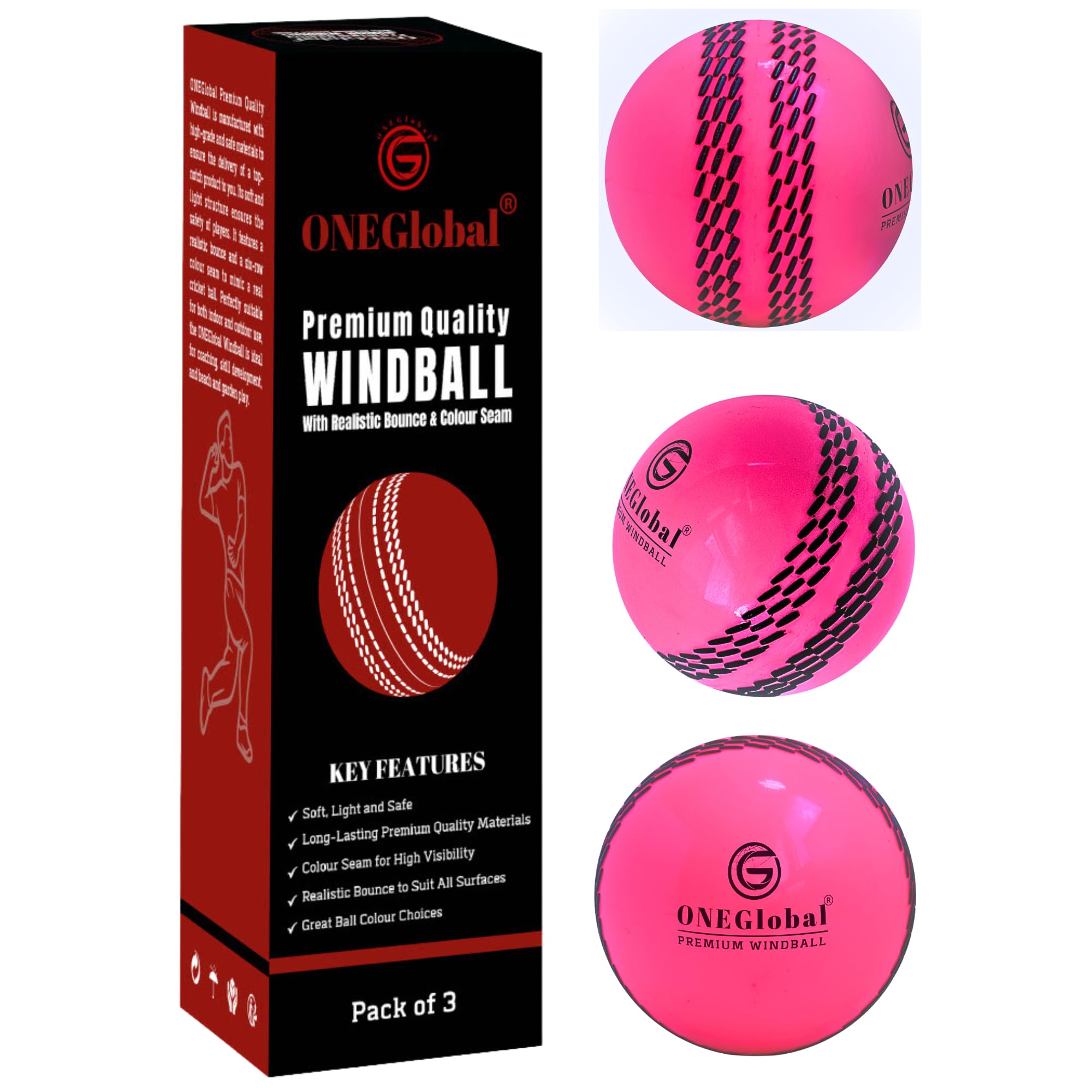 ONEGlobal Premium Windball Soft Cricket Ball | Durable & Safe, Colour Seam, True Bounce & Swing | Wind Ball for Outdoor & Indoor Practice, Coaching, Garden & Beach Games (3-Pink)