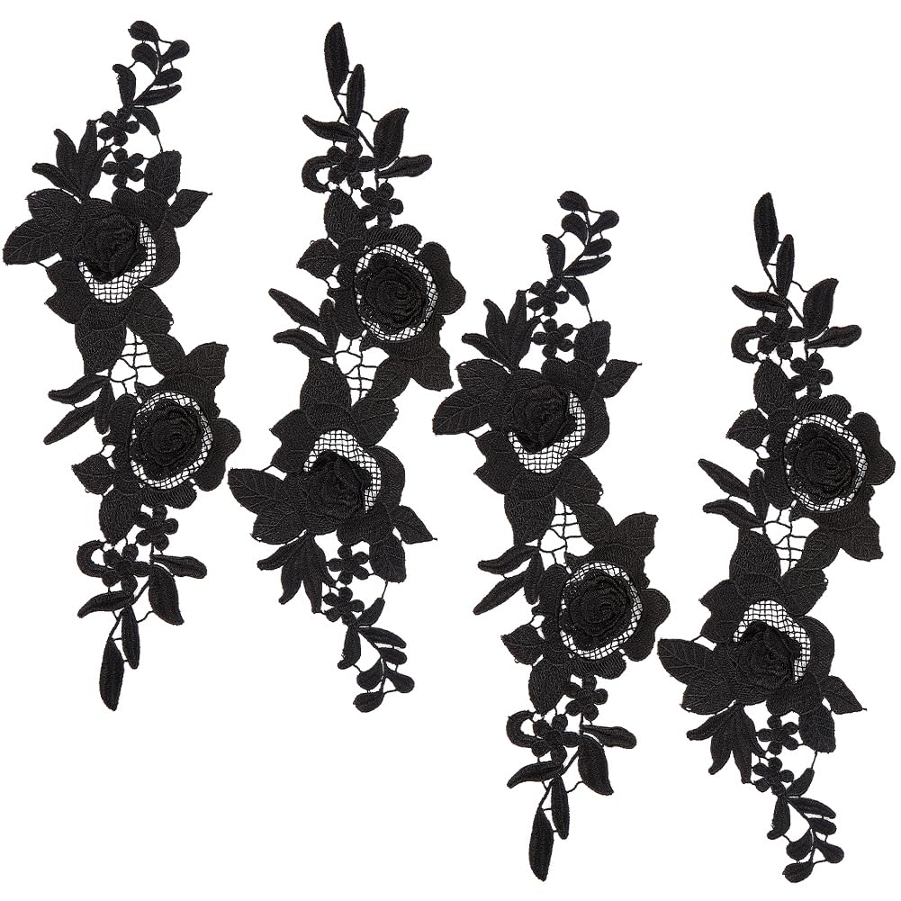 GORGECRAFT 2 Pairs 36x11cm Black Embroidery Patch Flower Lace Fabric Sewing Floral Rose Patches Trim Applique Lace for Wedding Sewing Trim Wedding Dress Clothes DIY Decoration