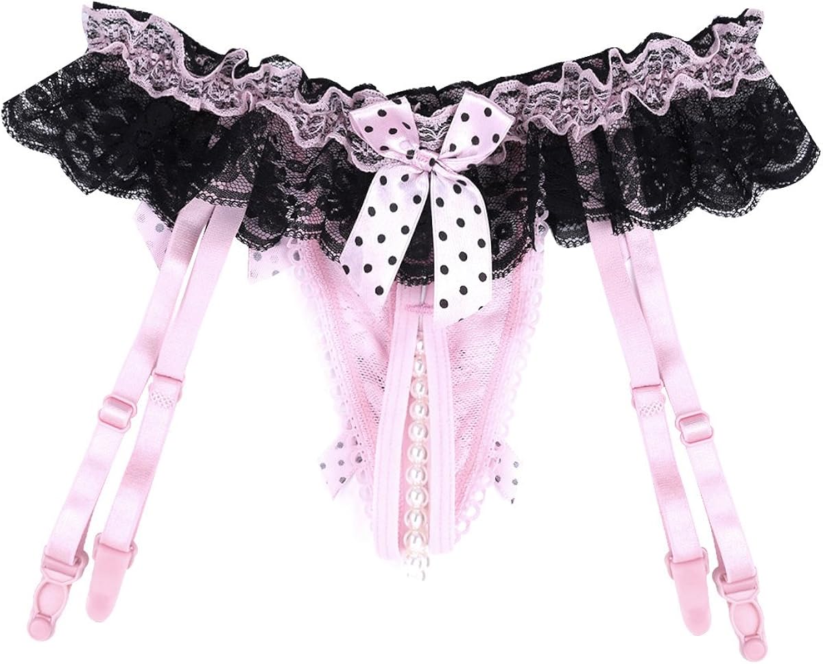 CHICTRY Women's Ruffle Lace Floral Ruffles G-String Thong Underwear with Massage Pearl and Garters Pink One Size: Clothing