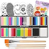 Bowitzki Face Paint 12x10 gm Professional Body Painting Kit For Kids Adults Stencil One Stroke Split Cake Non Toxic Rainbow Flora Dolphin Unicorn Flame Makeup Halloween Christmas Easter - Bright Set