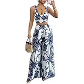 WDIRARA Women's 2 Piece Outfits Boho Paisley Sleeveless Crop Tank Tops and High Waist Wide Leg Pants Set