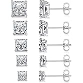 MDFUN 5 Pairs 316L Stainless Steel Earrings Set 3-7MM Hypoallergenic Princess Cut Cubic Zirconia Square Stud Earring Jewelry for Women and Men