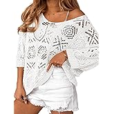 Saodimallsu Womens Crochet Cover Up Top Summer 3/4 Sleeve Off Shoulder Sweater Shirts Mesh Boho Beach Swimsuit Coverup