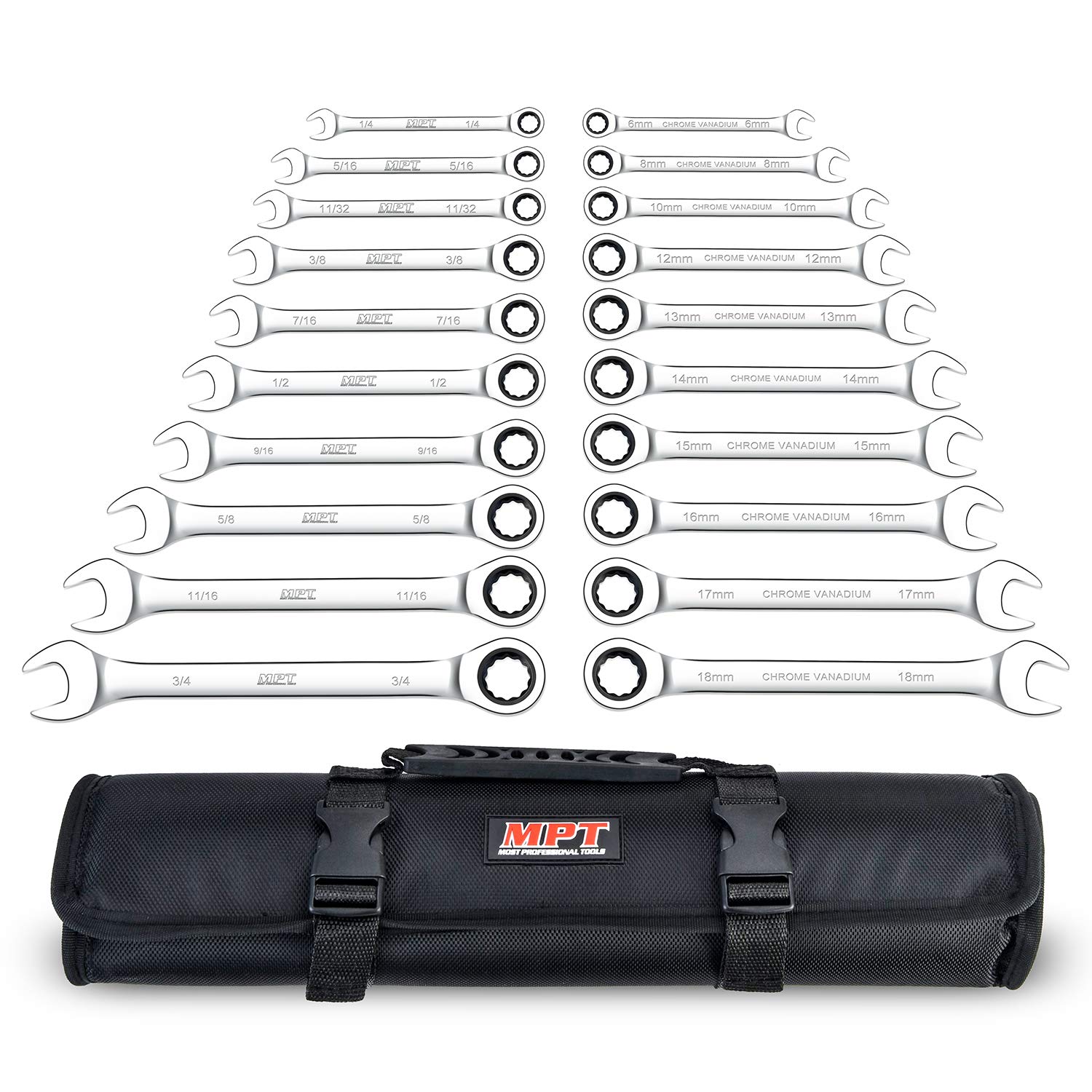 MPT 20 Pcs Ratchet Wrench Set Ratchet Wrenches,CRV With Tool Roll,SAE
