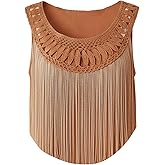 WDIRARA Women's Crochet Fringe Tank Top Scoop Neck Sleeveless Western Cowgirl Tops