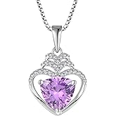 Fahonie Heart Necklace 925 Sterling Silver cut Birthstone Crown and Heart Pendant Birthday Jewelry Gift for Women Sister Wife Girlfriend Her