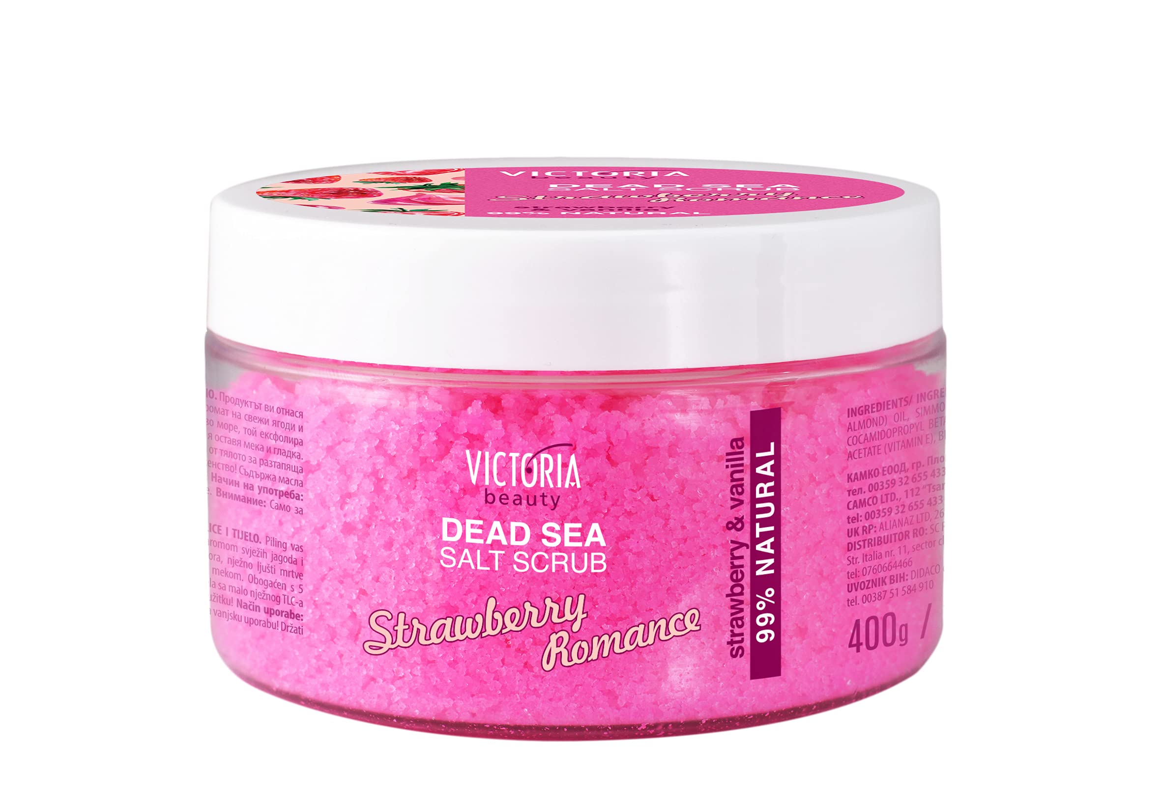 Victoria Beauty Strawberry And Vanilla Dead Sea Salt Exfoliating Face, Lip & Body Scrub. 99% natural with More Than 90% Pure Dead Sea Salt, 400g