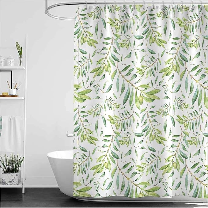 Green Leaf Shower Curtain Liner Watercolor Style Olive