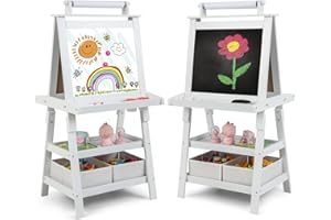 Costzon Kids Art Easel, 3 in 1 Double-Sided Storage Easel w/Whiteboard, Chalkboard & Paper Roll, 2-Tier Rack w/ 2 Storage Box