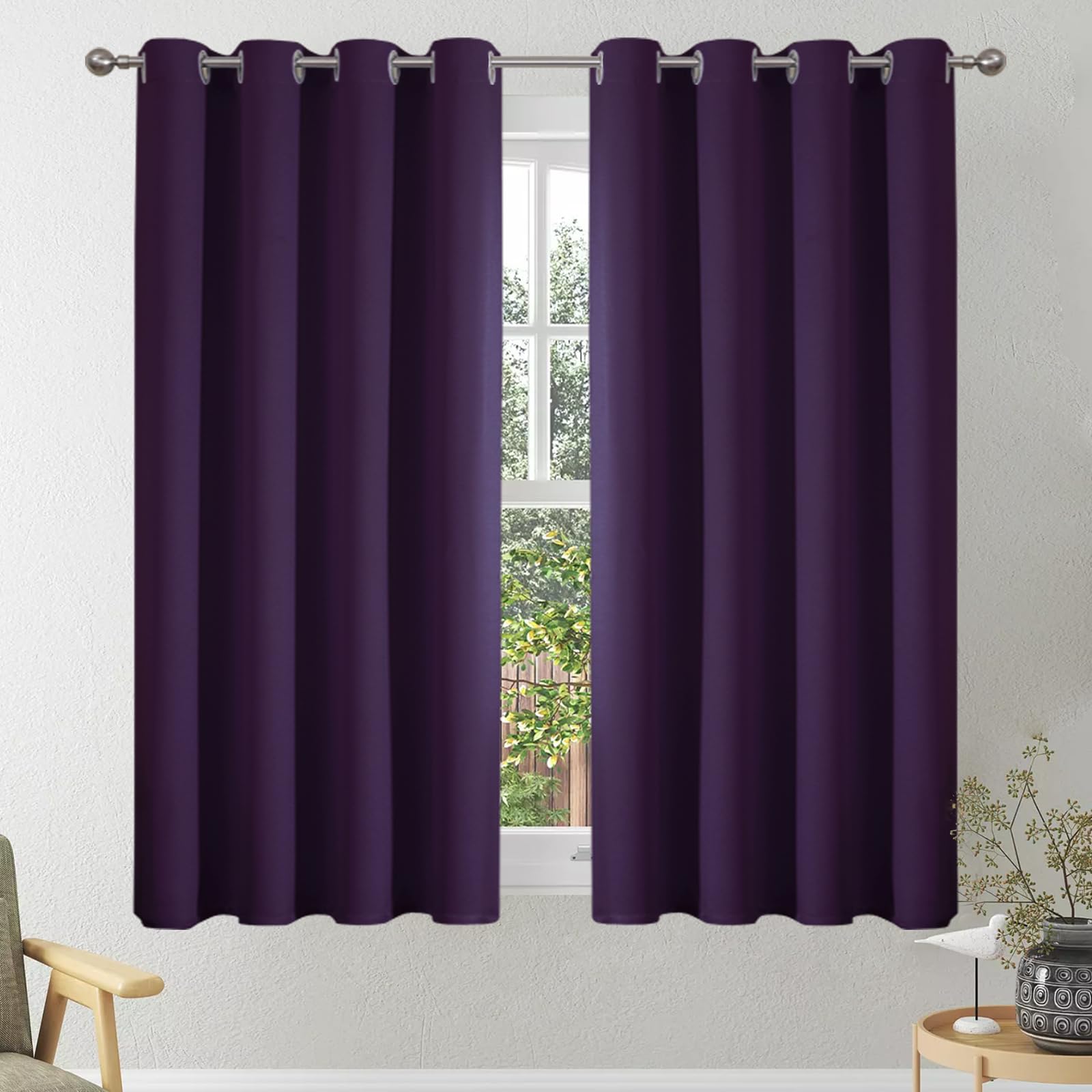 VEHEDE Short Small Window Blackout Curtains Kitchen, Eyelet Thermal Insulated Curtain for Cafe, Soft Bedroom Curtains, Living Room Curtain & Drapes, W46 x L45 Inch, Purple, 2 Panels