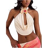 GORGLITTER Women's Draped Halter Tops Cowl Neck 3D Flower Floral Backless Concert Going Out Camisole Outfits
