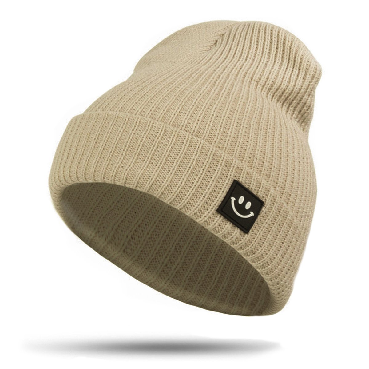 EVRFELAN Women Winter Hat Cuffed Plain Knit Beanie Cap Casual Knitted Warm Skullcap with Smile Face (Beige)
