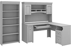 Bush Business Furniture Fairview L Shaped Desk with Hutch and 5 Shelf Bookcase, 60W, Cape Cod Gray