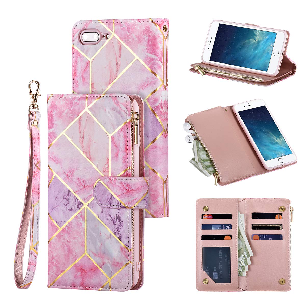 UEEBAI Wallet Case for iPhone 7 Plus iPhone 8 Plus, Premium PU Leather Magnetic Closure Geometric Marble Pattern Handbag Zipper Pocket Case Kickstand Card Slots Shockproof Flip Cover - Pink&Purple