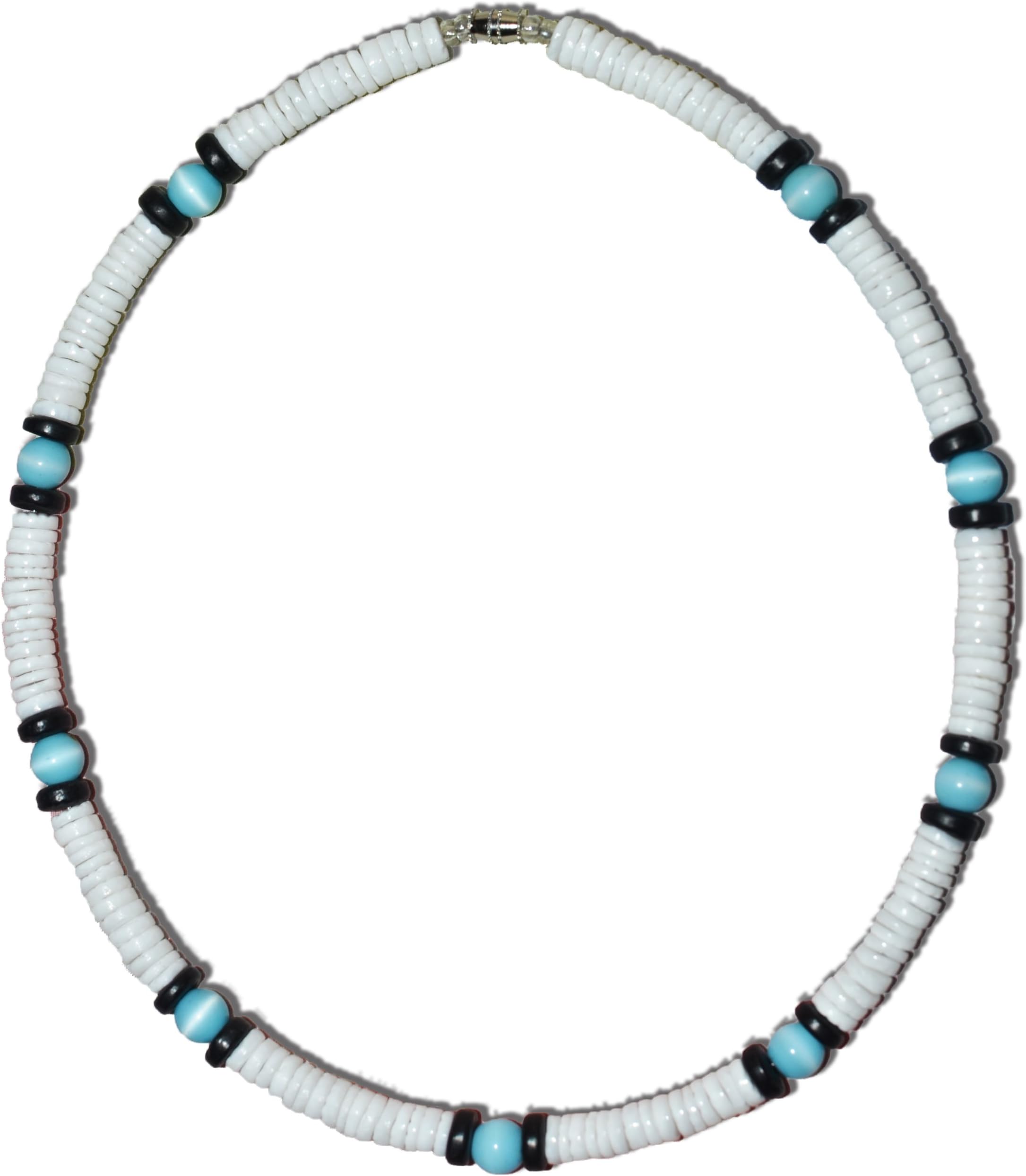 Mens and Womens Summer Beach Surfer Necklace From the Philippines, White Clam Heishe Ark Shells, Blue Glass Cat-Eyes Beads, and Black Coconut Beads