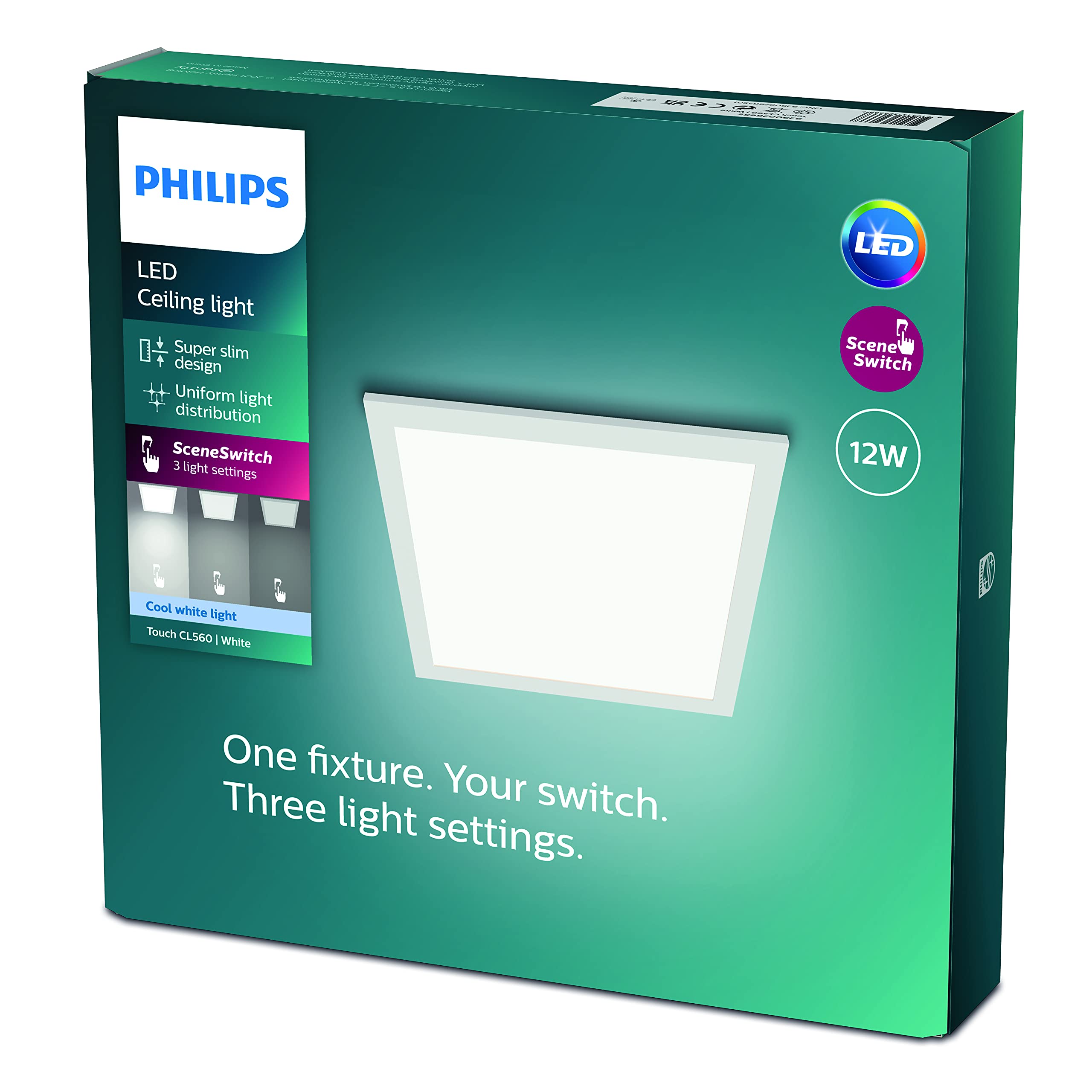 Philips LED Panel Square Ceiling Light SceneSwitch Dimmable 4000K 12W [Cool White - White]. for Indoor Lighting, Livingroom and Bedroom.