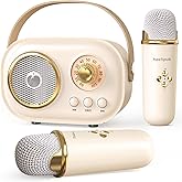 Mini Karaoke Machine,White Elephant Gifts,Stocking Stuffers for Teen,Christmas Gifts for 3-12+ Years Old, Portable Bluetooth Speaker with Wireless Microphone for Kids Boys Girls-Beige