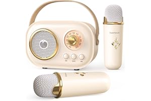 HEETIPUK Mini Karaoke Machine for Kids Adults,Portable Bluetooth Speaker with 2 Wireless Microphones, Gifts Toys for Girls 3, 4, 5, 6, 7, 8+ Years Old Birthday Family Home Party Microphone Preamps-Beige