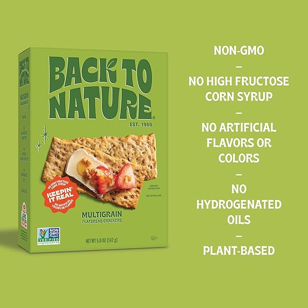 BACK TO NATURE MULTIGRAIN FLATBREAD CRACKERS, NON-GMO, PLANT-BASED SNACK CRACKER, MADE WITH WHEAT FLOUR & WHOLE GRAINS, SNACK HAPPY, 5OZ BOX