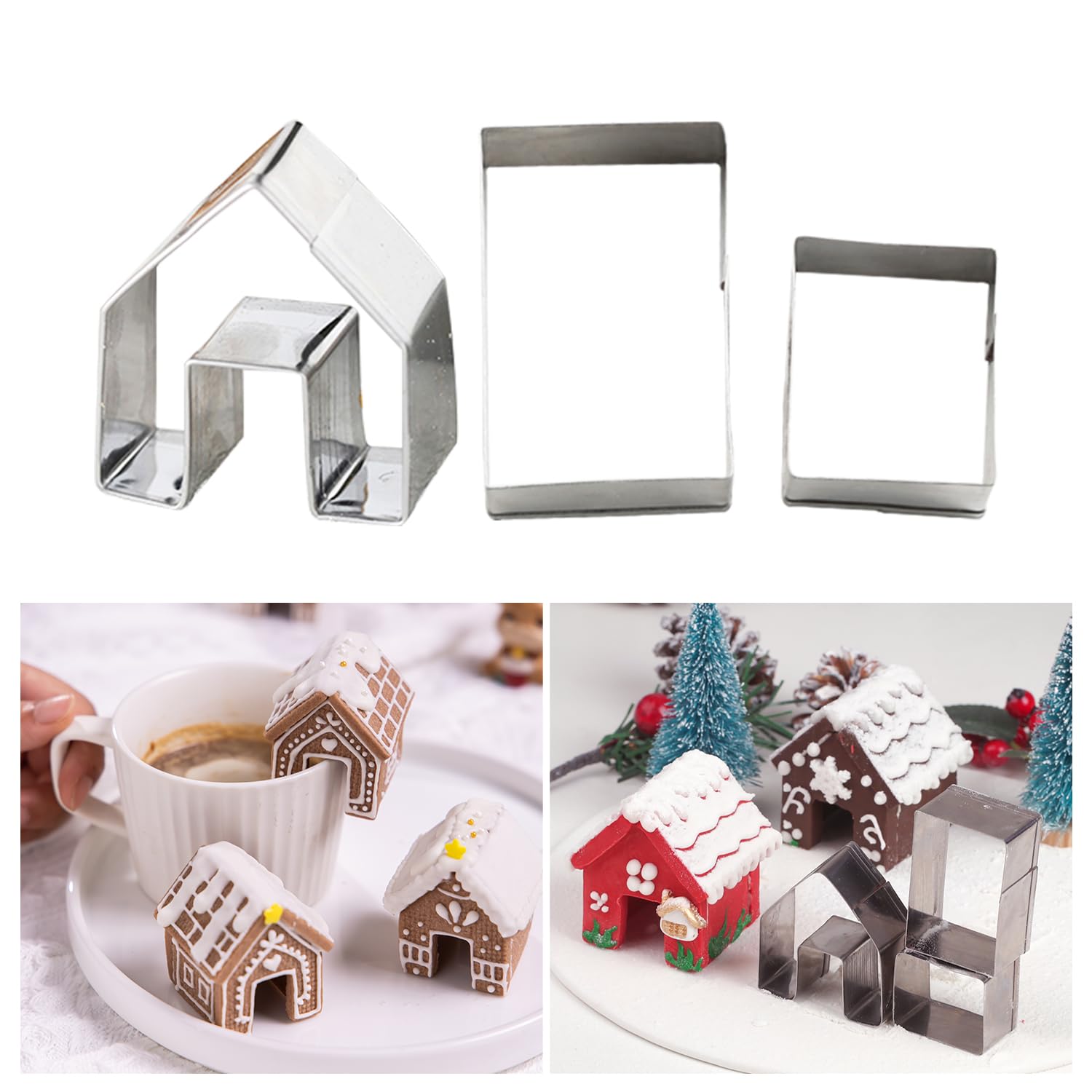KALAIEN 3Pcs Stainless Steel Christmas Mini House Mold Gingerbread Cookie Cutter Set Cupcake Chocolate House (Small)