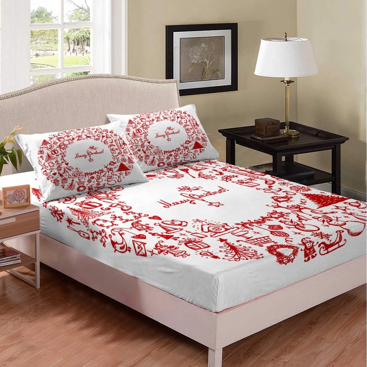Christmas Theme Bed Sheet Set Xmas Gift Fitted Sheet Set