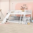 Full Over Full Low Bunk Beds with Slide for Kids Wood Floor Bunk Bed Frame for Boys Girls Teens’ Bedroom Dorm, White