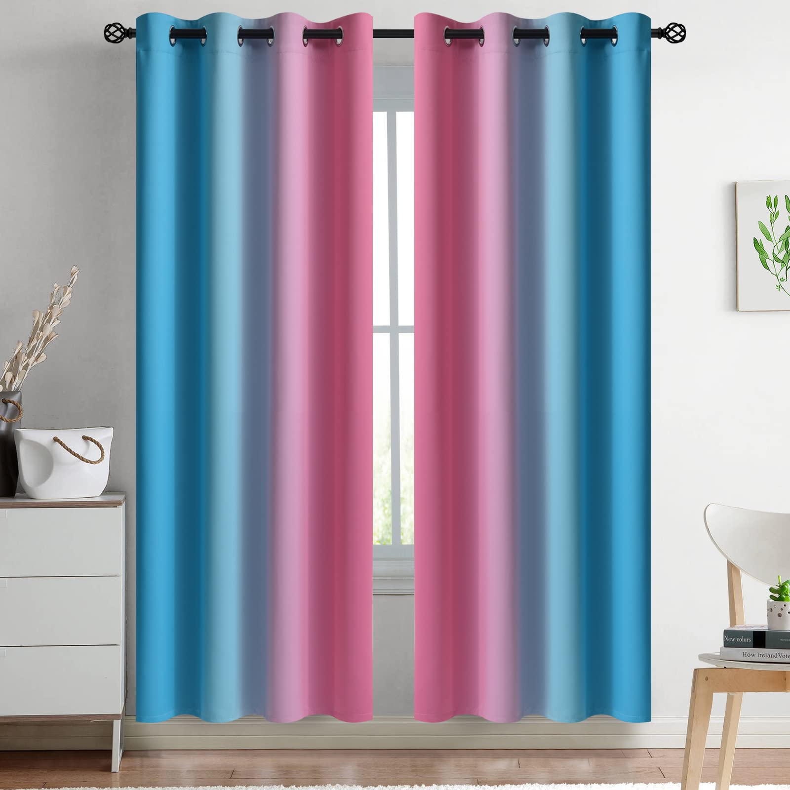 Yakamok Ombre Pink and Blue Curtains for Bedroom, Gradient Room Darkening Curtains, Grommet Thermal Insulated Light Blocking Window Drapes/Curtain for Living Room,52 x 72 Inch,2 Panels — image 1