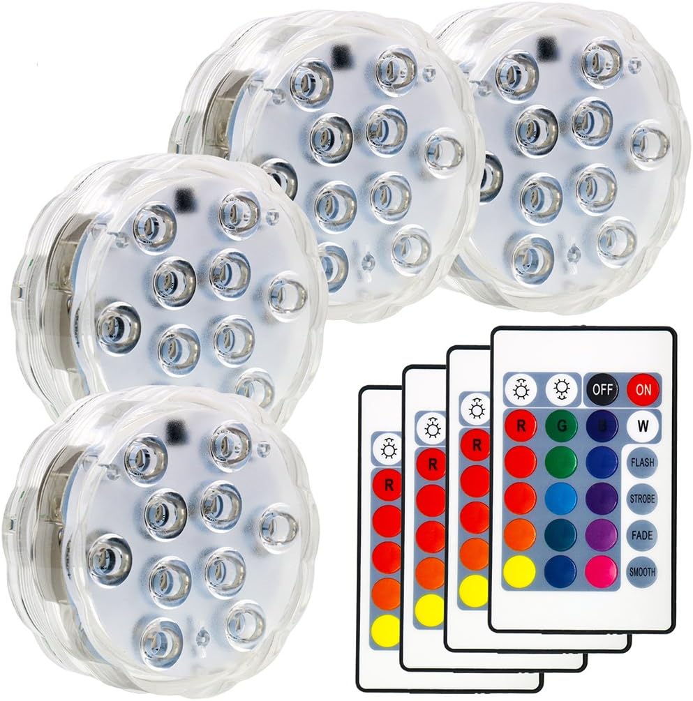 Lhomeled Submersible LED Light,10-LED RGB Waterproof Battery Powered Lights with IR Remote Controller for Aquarium, Vase Base, Swimming Pool, Garden,Home Decoration.4 Sets