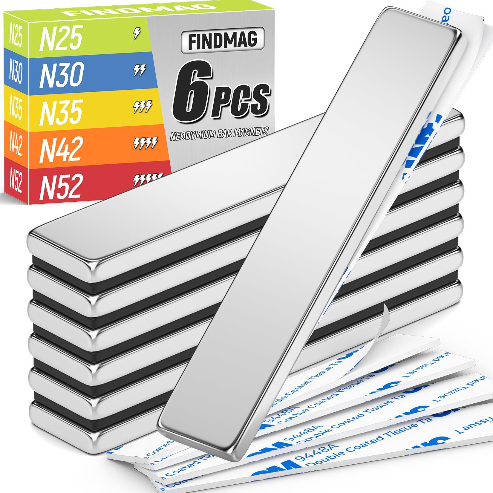 Photo 1 of FINDMAG 6 Pack Bar Magnets, Bar Magnet with Double-Sided Adhesive, Magnets Bar for Fridge, Garage, Kitchen, DIY, 60x10x3mm, Silver - 5lbs