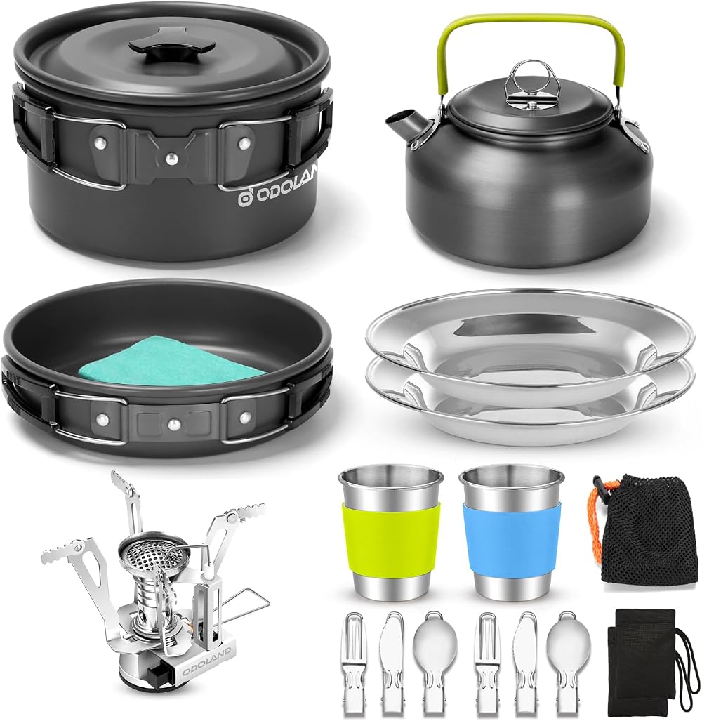 Odoland Camping Cookware Set with Foldable Stove Non Stick Pot Pan Kettle 15pcs