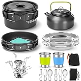 Odoland 16pcs Camping Cookware Mess kit for Camping, Backpacking, Outdoor Cooking and Picnic with Camping Stove, Non-Stick Li
