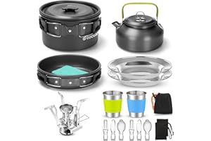 Odoland 16pcs Camping Cookware Mess kit for Camping, Backpacking, Outdoor Cooking and Picnic with Camping Stove, Non-Stick Li