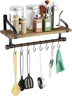 Love-KANKEI Küchenregal Küchenablage Pfannenhalter Wand Organizer von Kochutensilien Gewürzregal Vollholz Metall Vintage mit Holzbrett 8 Abnehmbaren Haken für Küche Badezimmer Flur usw. (Braun)