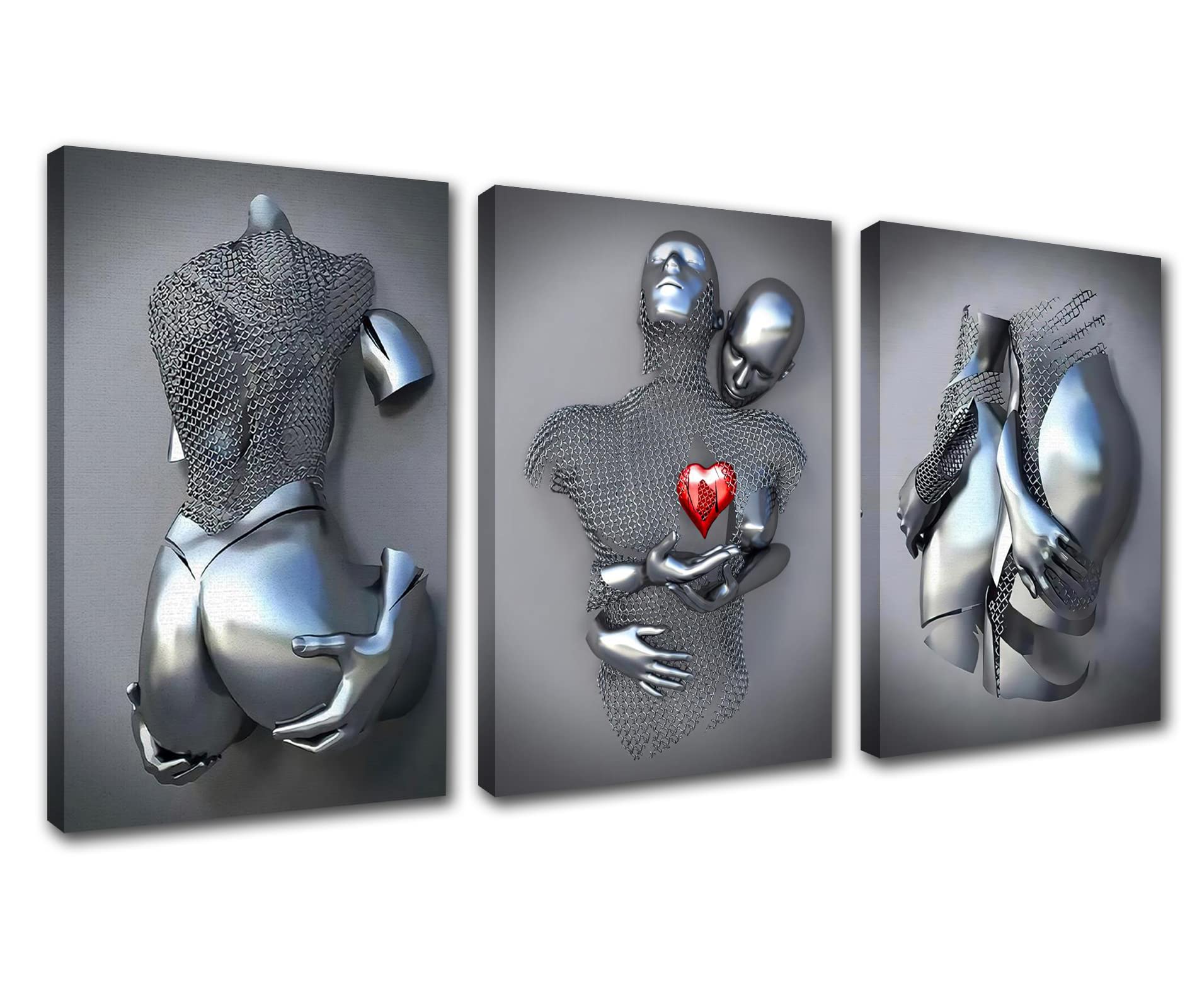 Bathroom Decor Canvas 3D Wall Art Figure Statue Abstract Art Modern Gallery Love Heart Metal Pictures 3 Pieces Gray Valentine's Day Gift Bedroom Living Room Wall Wedding Anniversary Decor 42''Wx20''H