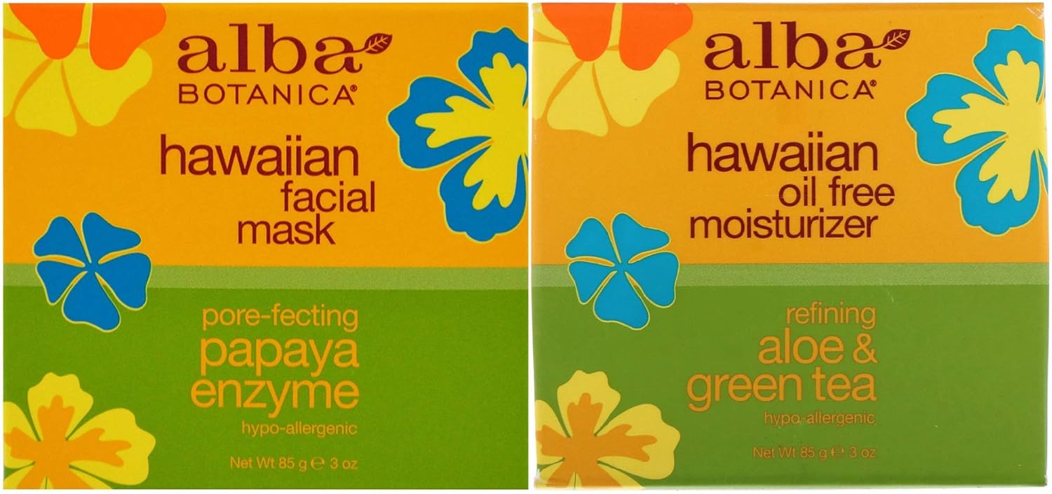 Alba Botanica Hawaiian Bundle, Papaya Enzyme Facial Mask + Aloe & Green Tea Oil Free Moisturizer, 3 Ounce Each