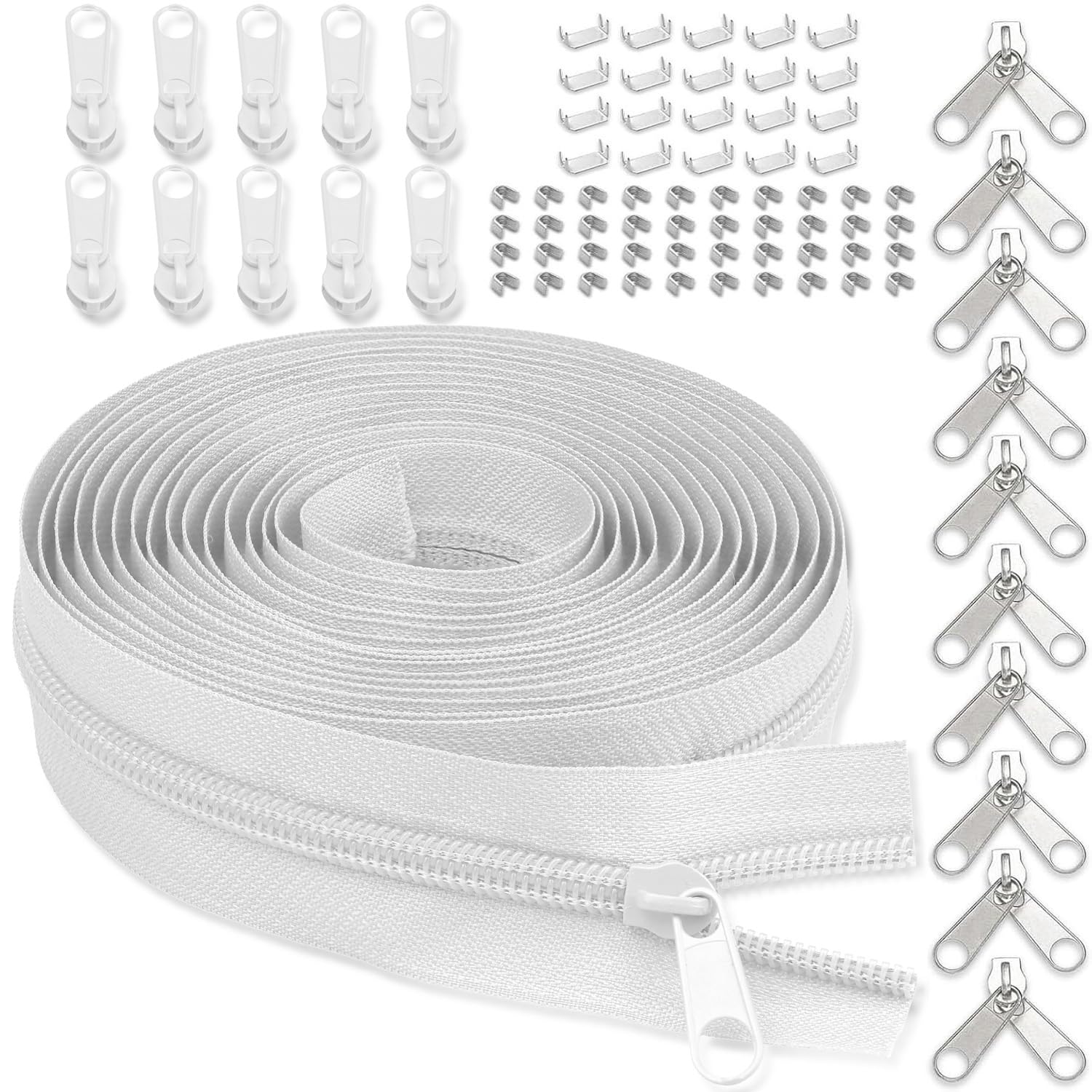 Photo 1 of #3 Nylon Zipper Tape for Sewing: YZSFIRM 10 Yards White by The Yard Nylon Coil Zippers for DIY Sewing Craft with 10 Bulk Metal Zipper Slider and 10 Double Slider