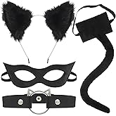 Black Cat Costume Accessories Black Cat Ears and Tail Costume Set for Women Halloween Masquerade Mask Cats Ears Tail Choker Necklace for Women Halloween Cats Costume Party Supplies, 4 Pcs