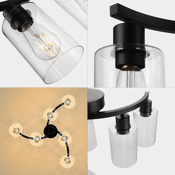 CNRATYE 6-LIGHT MODERN FARMHOUSE BLACK CHANDELIER, CONTEMPORARY DINING ROOM LIGHT FIXTURE, ADJUSTABLE HEIGHT HANGING INDUSTRIAL PENDANT LIGHTS KITCHEN ISLAND, CLEAR GLASS SHADE