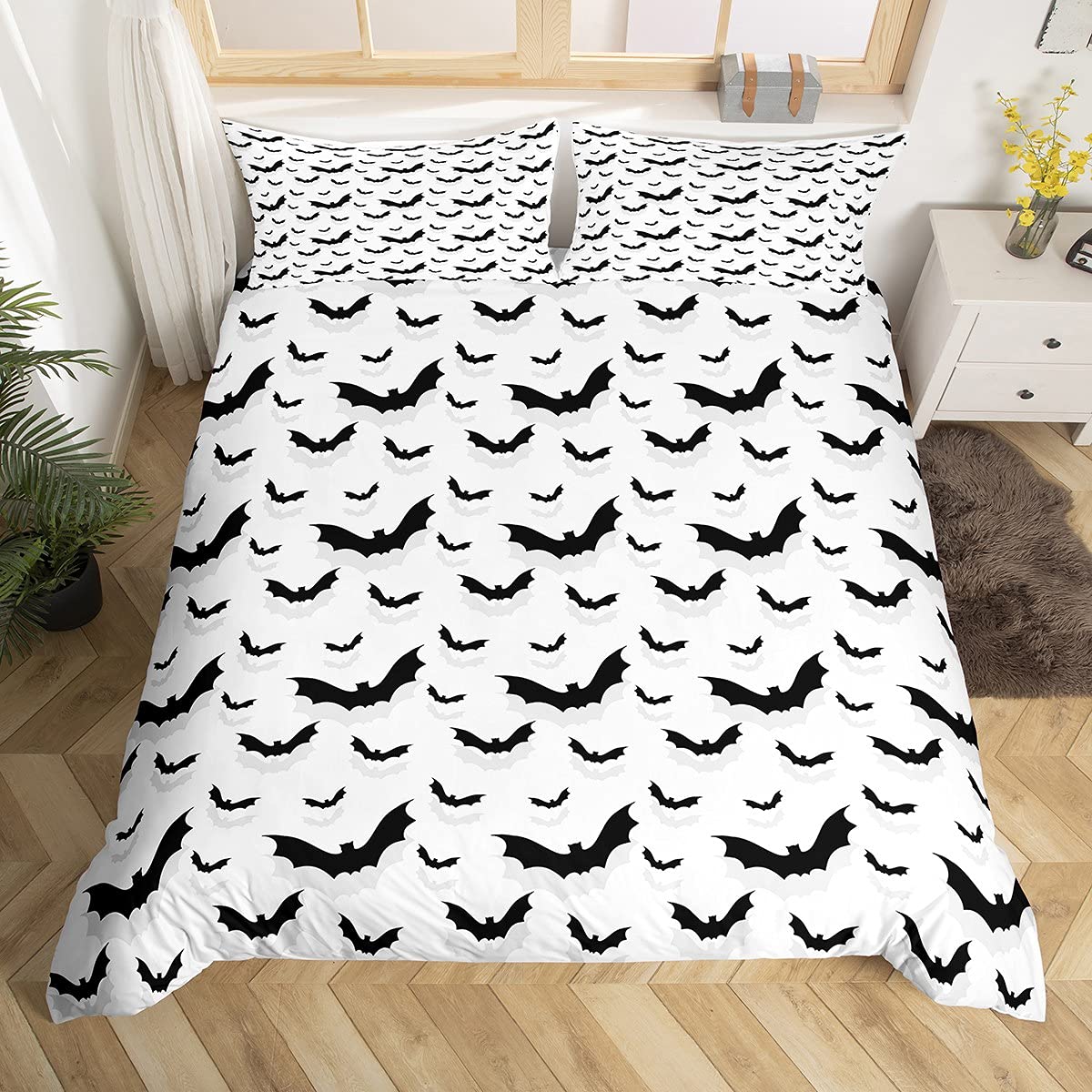 Loussiesd Goth Comforter Cover Double Size Flying Bats Theme Bedding Set Animal Shadows Pattern Decorative 3 Pieces Black Duvet Cover Set White Grey Bedspread Cover with 2 Pillowcase Zipper — image 1