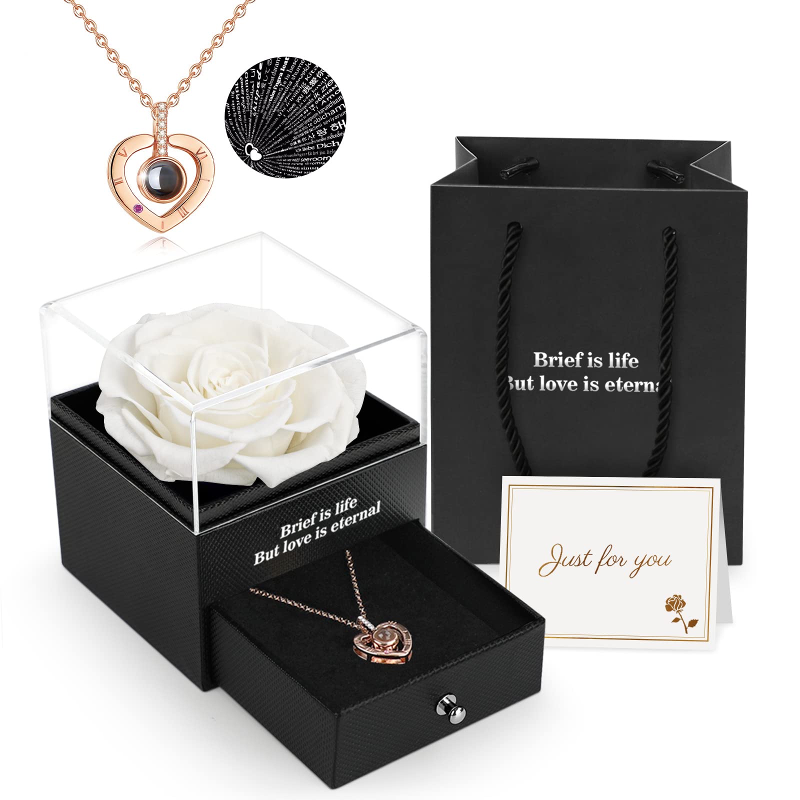 ADAZ Preserved Real Rose Gift Box with I Love You Necklace, Handmade Eternal Rose Flower Valentines Gifts for Her Girlfriend Women Wife Mum Mother on Valentines Day, Birthday, Anniversary, Christmas — image 1