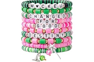 CelyBoutique Wicked Merch Friendship Bracelets Set – 10Pcs Stretchy Green & Pink Beaded Bracelets, Wicked Gifts to Share, Birthday Party Favors, Musical-Themed Accessories