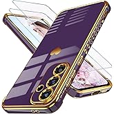 Dretal for Samsung Galaxy S24 FE 5G Case with Screen Protector, Women Girl Cute Girly Love-Heart Luxury Gold Soft Camera Protection Bumper Shockproof Phone Case for Galaxy S24 FE (Deep Purple, S24 FE)