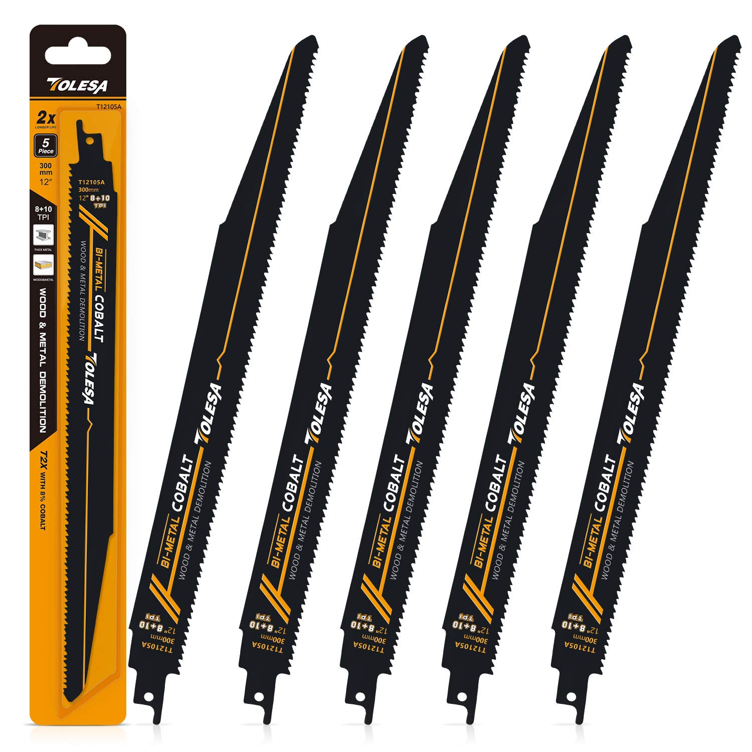 TOLESA Metal Wood Demolition Reciprocating Saw Blades 300mm 8+10TPI Sawzall Blades for Steel Pipe Cutting, Drywall, Chipboard, Glass Fiber-Reinforce Plastic and Composite Materials Demolition 5 Pack