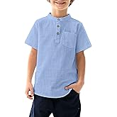 Arshiner Boys Linen Shirt Button Down Henley Short Sleeve Casual Dress Summer Beach T Shirts Top with One Pocket