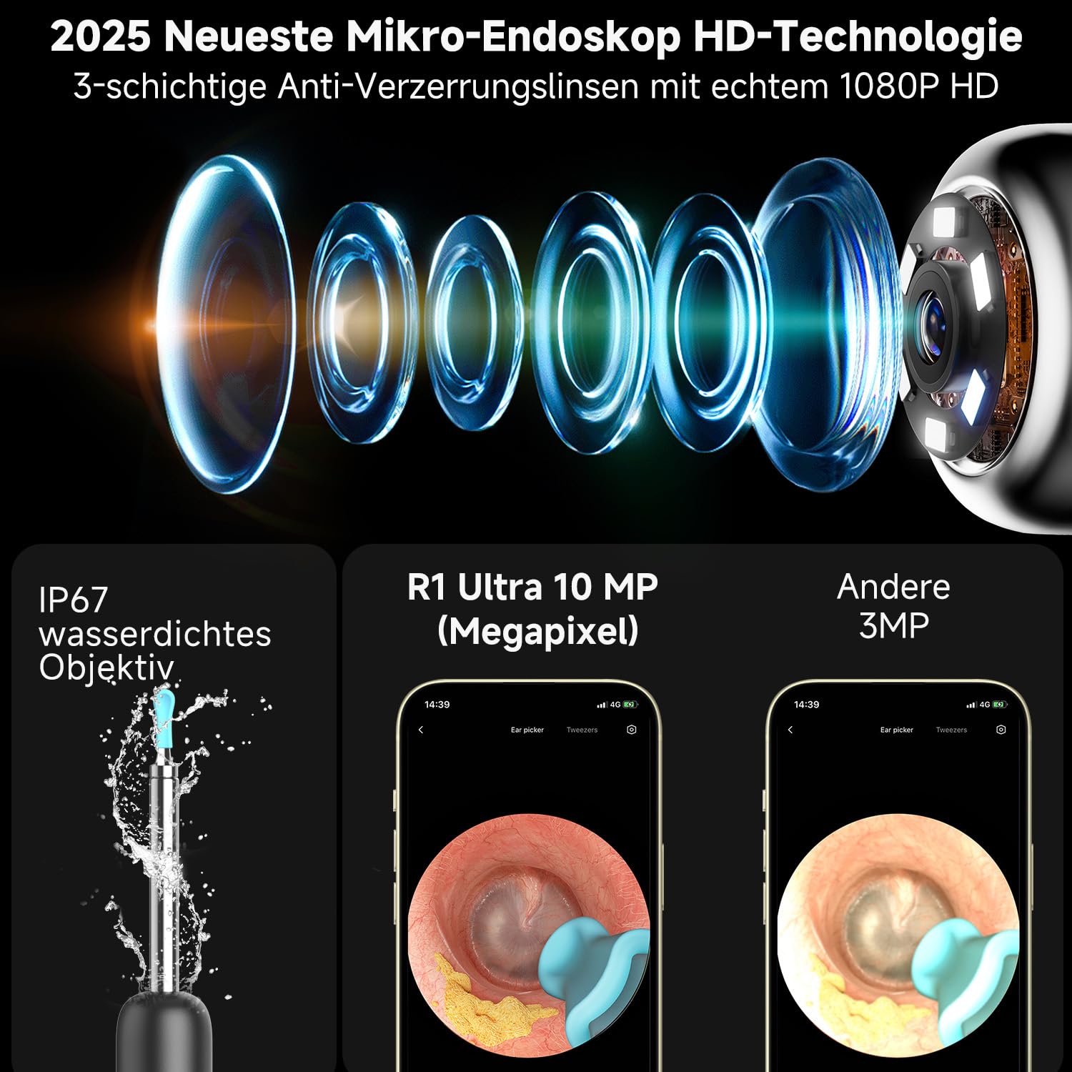 BEBIRD R1 Ultra Ohrenschmalz Entferner Kamera, Ohrenreiniger mit Otoskop für Zuhause, Komplett-Set mit Sichtbarer Dropper & Pinzette, Für Ohr & Nase & Rachen Untersuchung der Familie-Schwarze 2