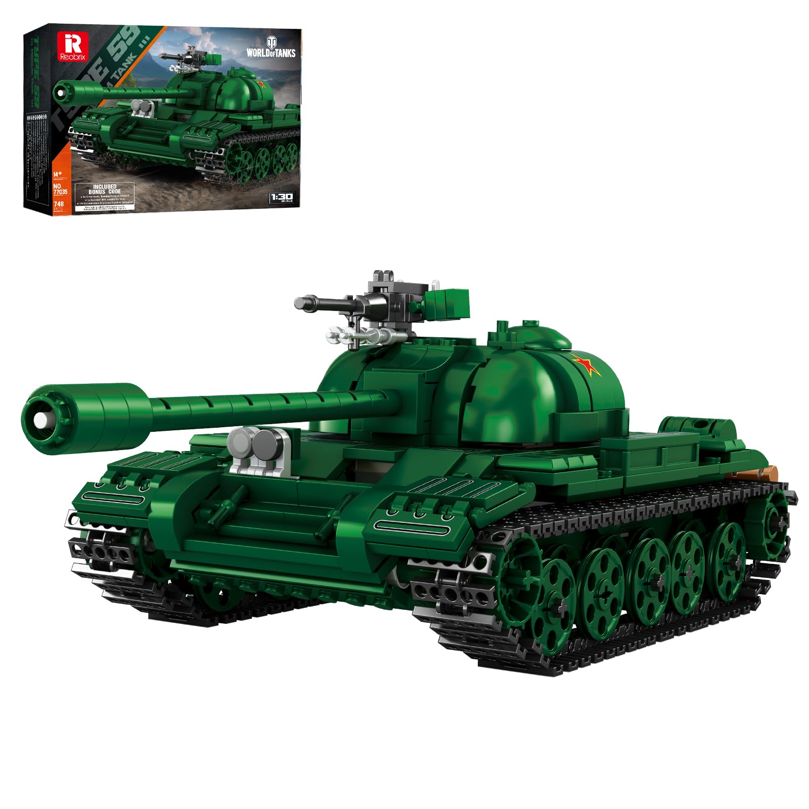 Reobrix Tank Building Toy for Adults, 1:30 Scale WW2 Military Type 59 Medium Tank, 77035 World of Tanks Licensed, War Hobby Fans Track Vehicle Gift for Man Boys 14+ (748 PCS)