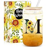Frerdui Birthday Gifts for Women, Initial Glass Cups w Lids and Straws, Sunflower Gift for Women, Personalized Gift, 16oz Glass Tumbler Cups W/Straw Lid, Monogrammed Birthday Gifts for Her Mom - M