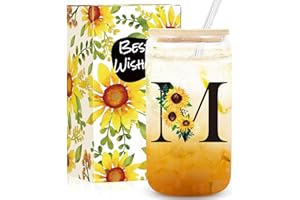 FRERDUI Birthday Gifts for Women, Initial Glass Cups W Lids and Straws, Sunflower Gifts for Women, Personalized Gifts, 16oz Glass Tumbler Cups W/Straw Lid, Monogrammed Gifts, Birthday Gifts for Her Mom - M