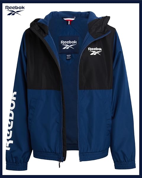 REEBOK BOYS WINDBREAKER JACKET – LIGHTWEIGHT POLAR FLEECE LINED WATER AND WIND RESISTANT HOODED ZIP UP JACKET FOR BOYS, SIZE 14-16, BATIK BLUE