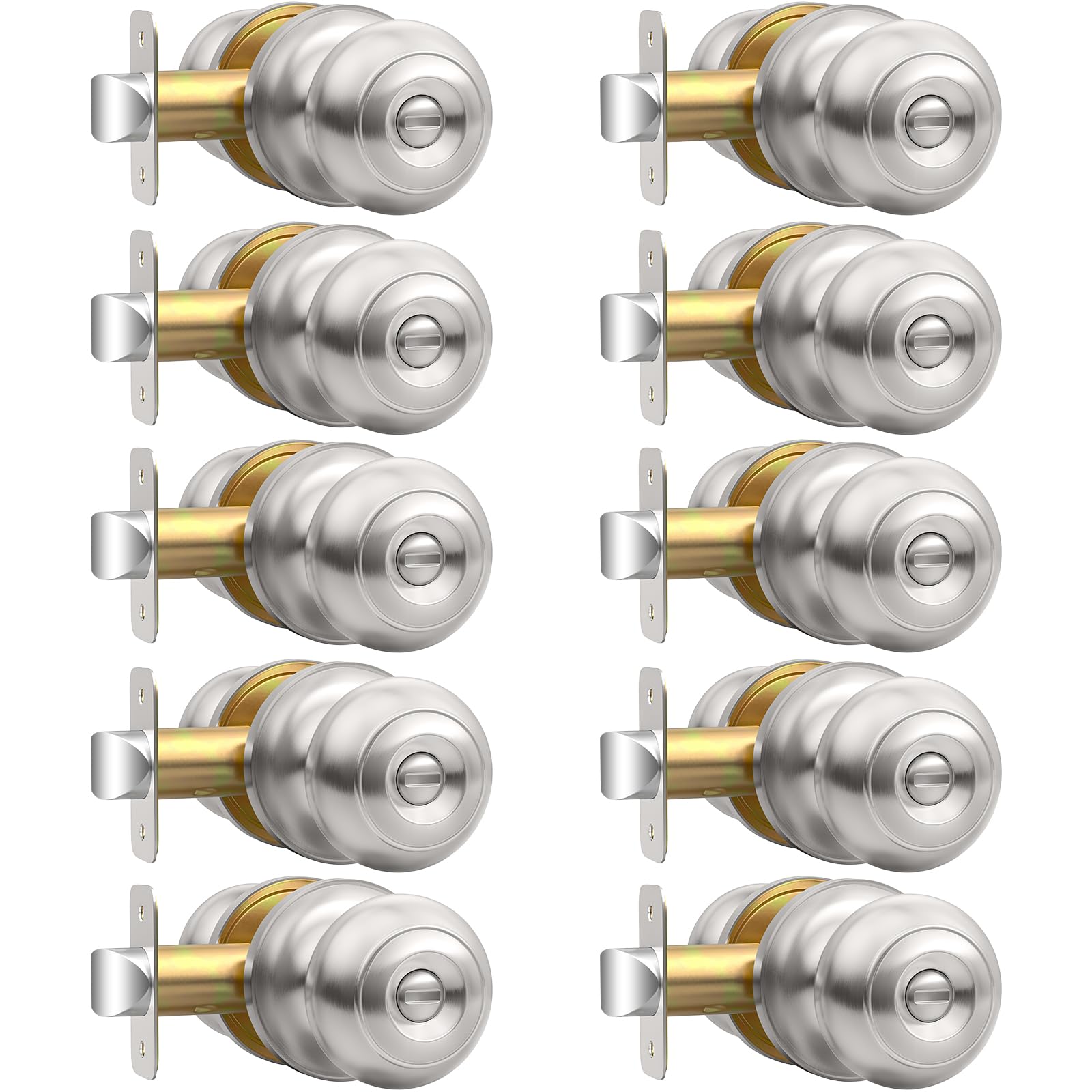 AEEKEL 10 Pack Privacy Door Knob, Brushed Nickel Door Knobs Interior Keyless Door Locks for Bedrooms, Bathroom Door Knob for Left/Right Handle Doors Image